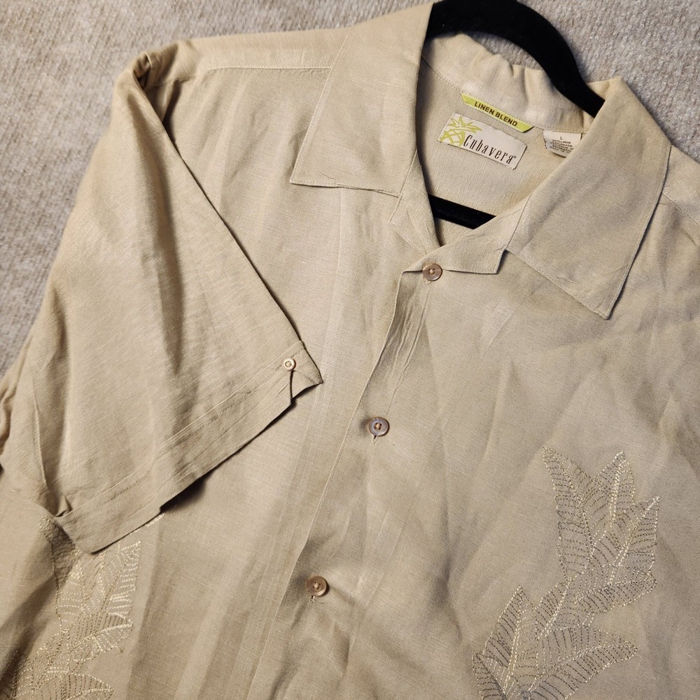 Cubavera Linen Blend Shirt Mens Large Tan Embroidered Leaf Camp Collar Excellent